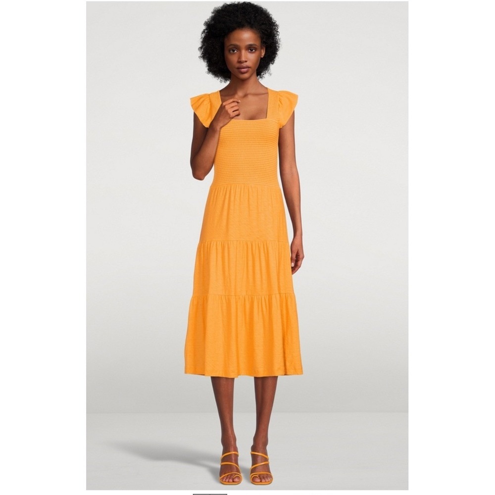 Revolve Nation LTD Josie Square Neck Smocked Midi Dress in Mango Pima Cotton M